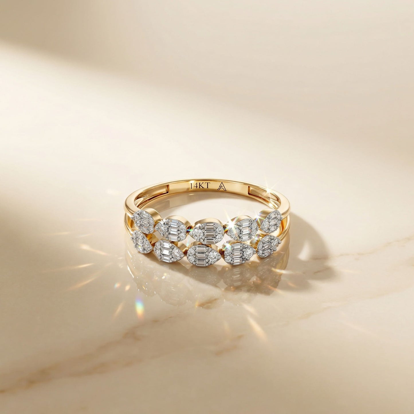 14K Yellow Gold Natural Diamonds Double Row Pear-Shape Ring