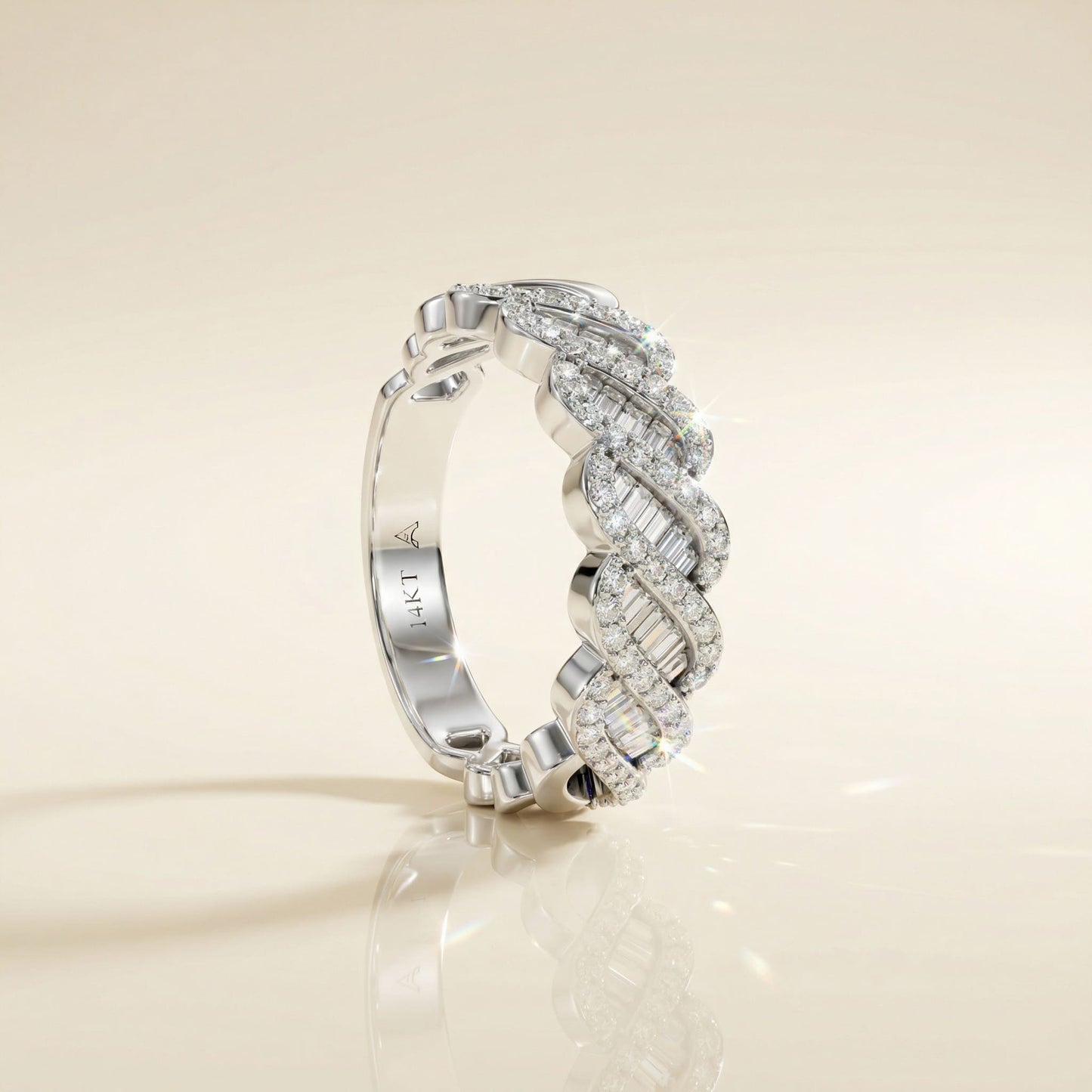 14K White Gold Natural Diamonds Braided Baguette Ring