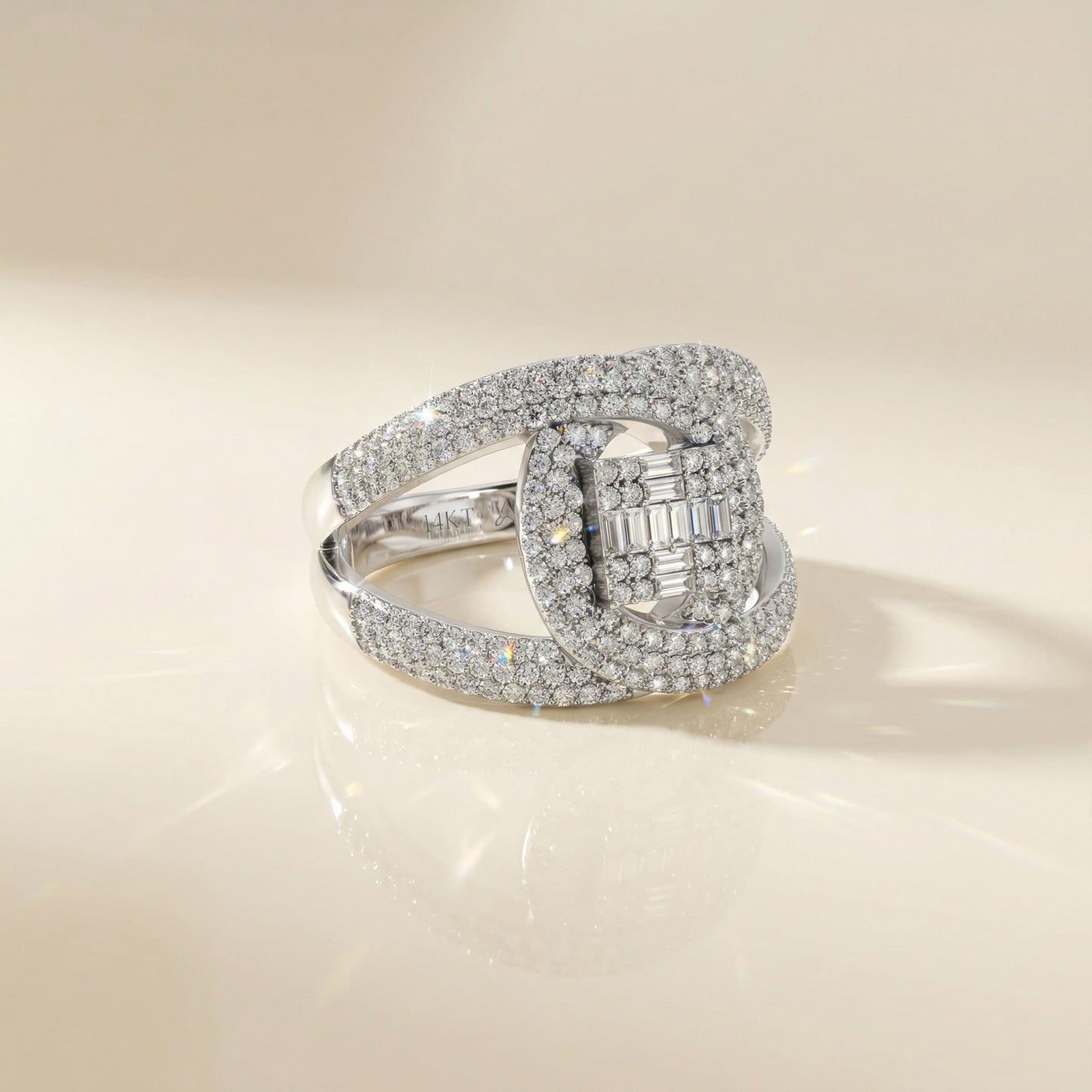 14K White Gold Natural Diamonds Geometric Pavé Statement Ring