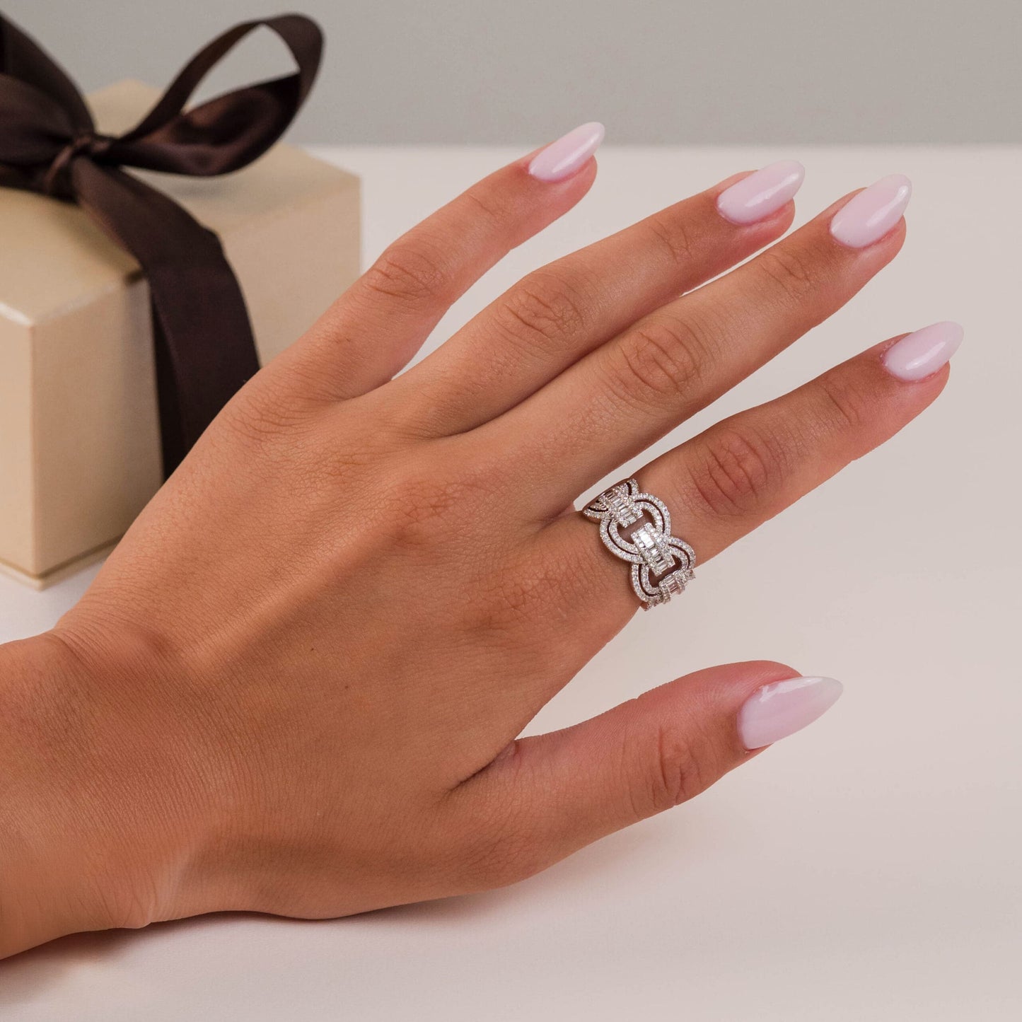 14K White Gold Baguette & Round-Cut Natural Diamonds Statement Ring