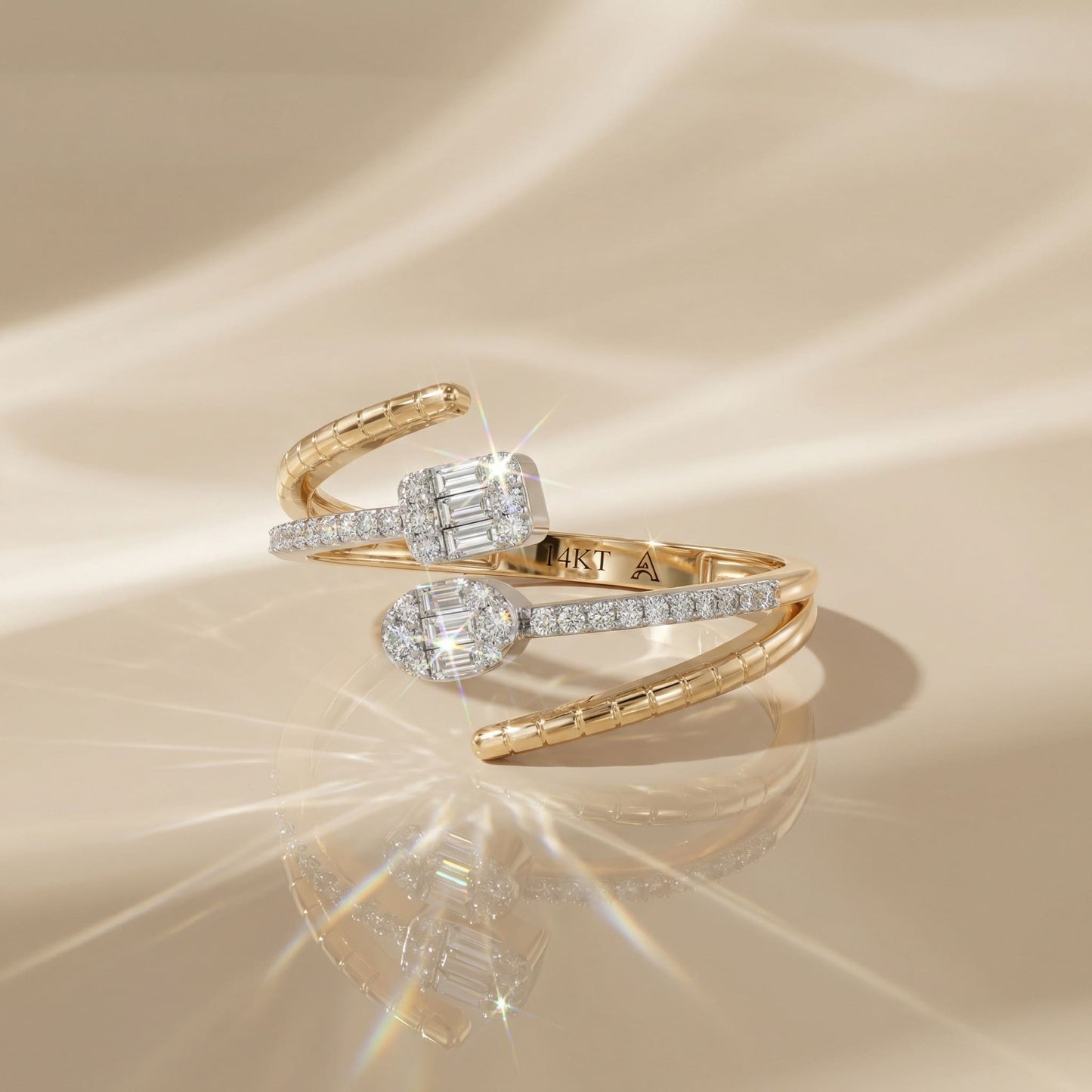 14K Yellow Gold Baguette & Round Natural Diamonds Open Wrap Ring