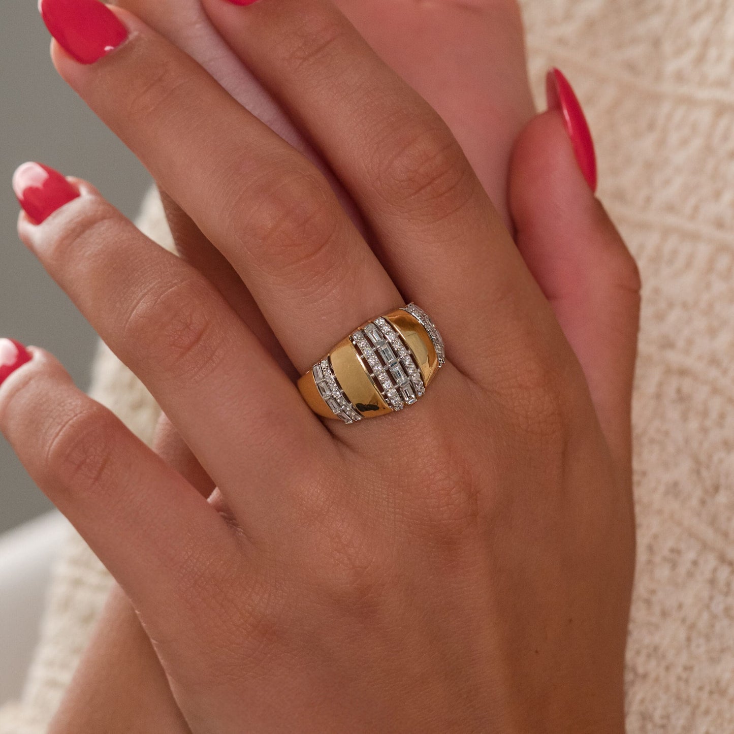 14K Yellow Gold Natural Diamonds Baguette Bold Statement Ring