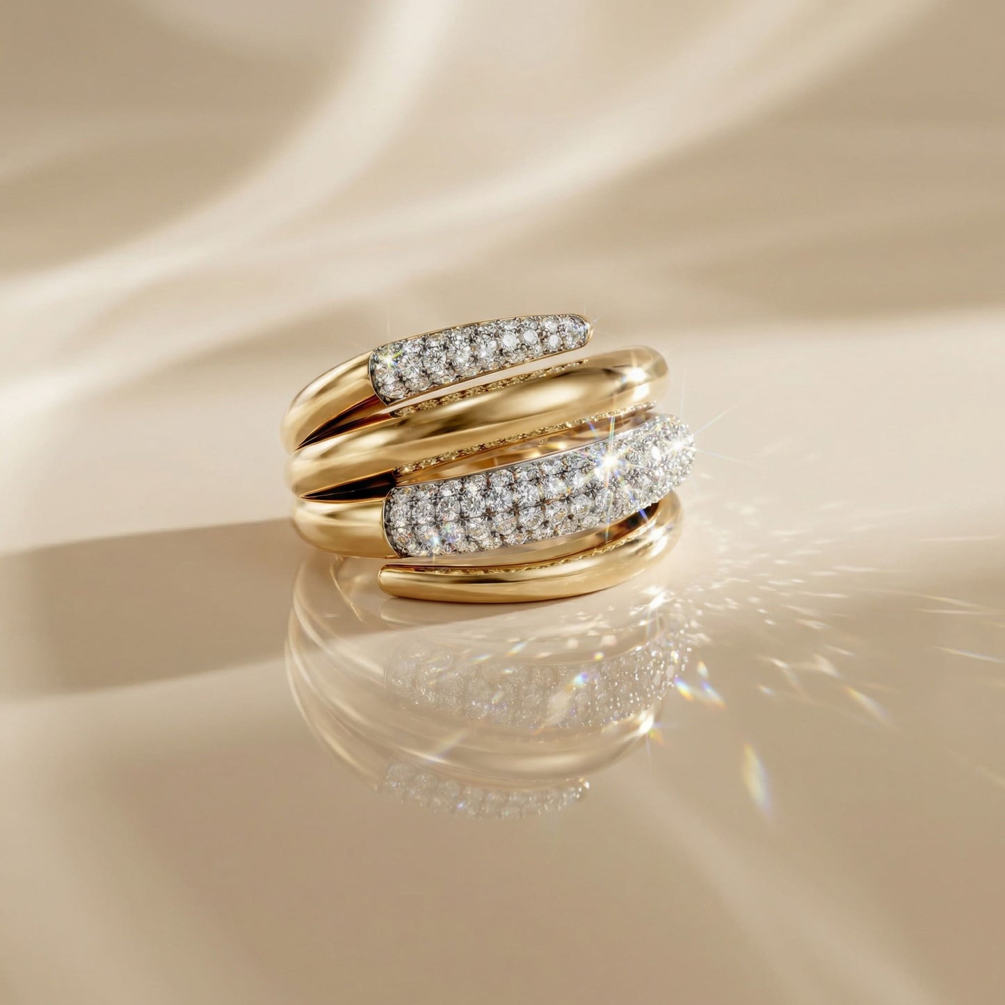 14K Yellow Gold Natural Diamonds Multi-Band Pavé Statement Ring