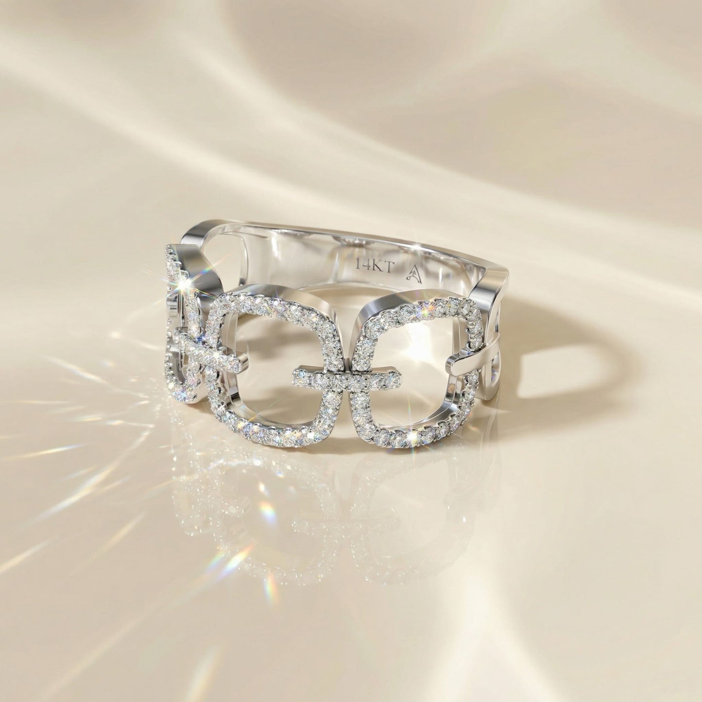 14K White Gold Round-Cut Natural Diamonds Link Statement Ring
