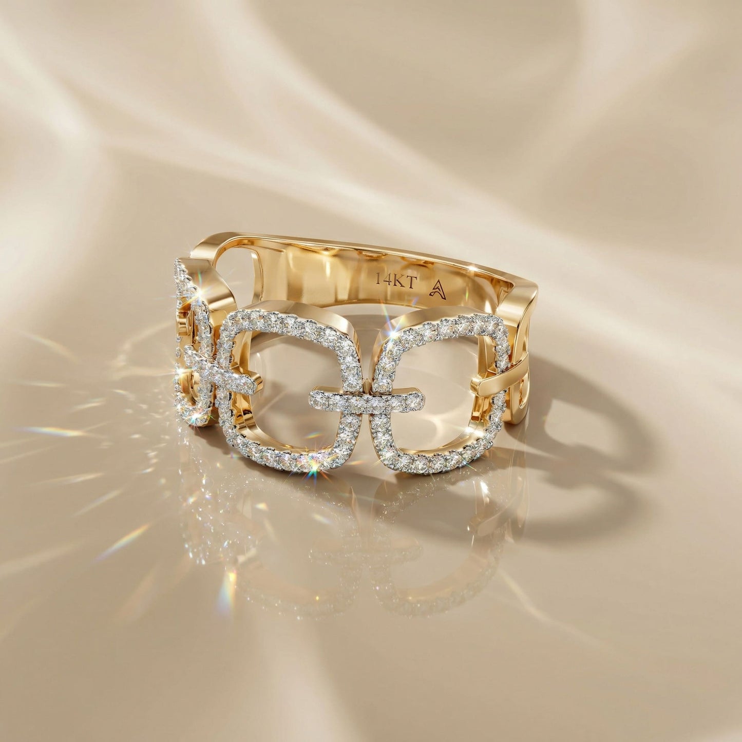 14K Yellow Gold Round-Cut Natural Diamonds Link Statement Ring