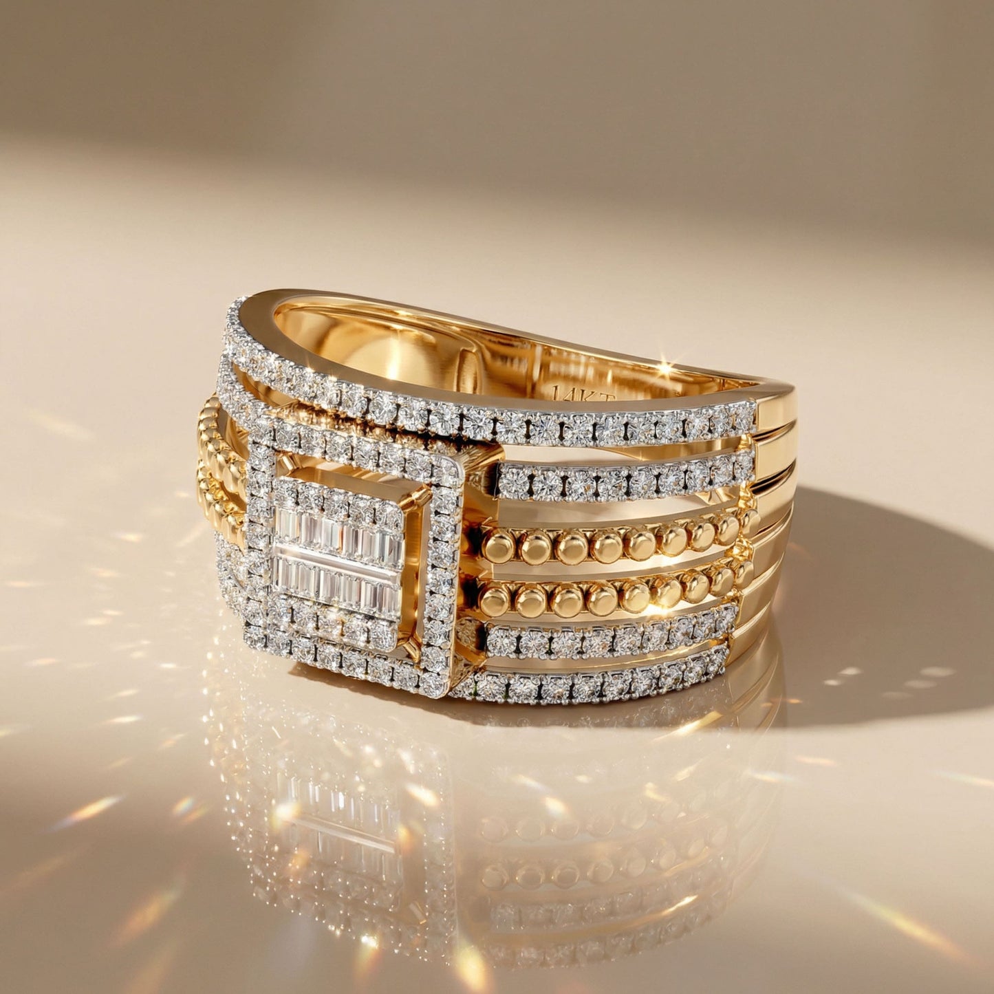 14K Yellow Gold Baguette & Round Natural Diamond Geometric Statement Ring
