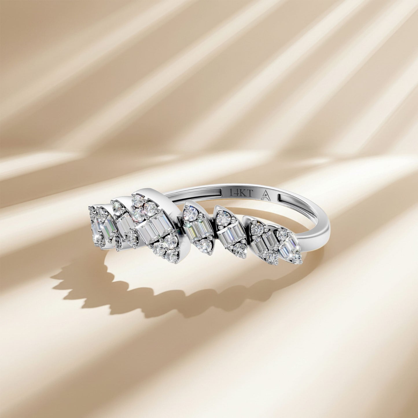14K White Gold Baguette & Round-Cut Natural Diamonds Nature Inspired Ring