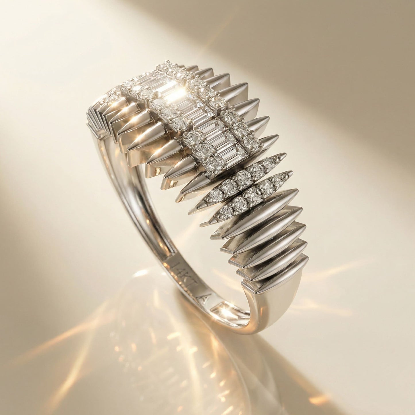 14K White Gold and Natural Baguette Diamond Geometric Statement Ring