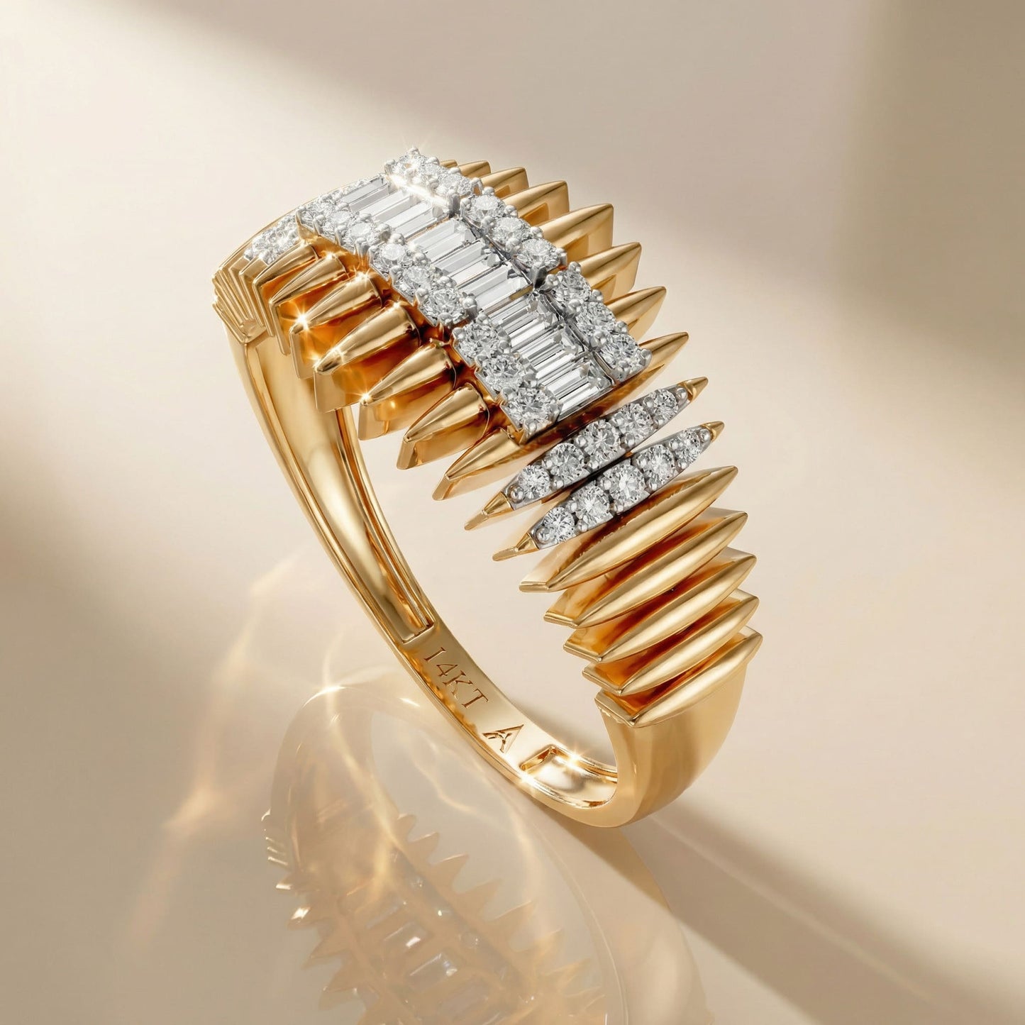 14K Yellow Gold and Natural Baguette Diamond Geometric Statement Ring