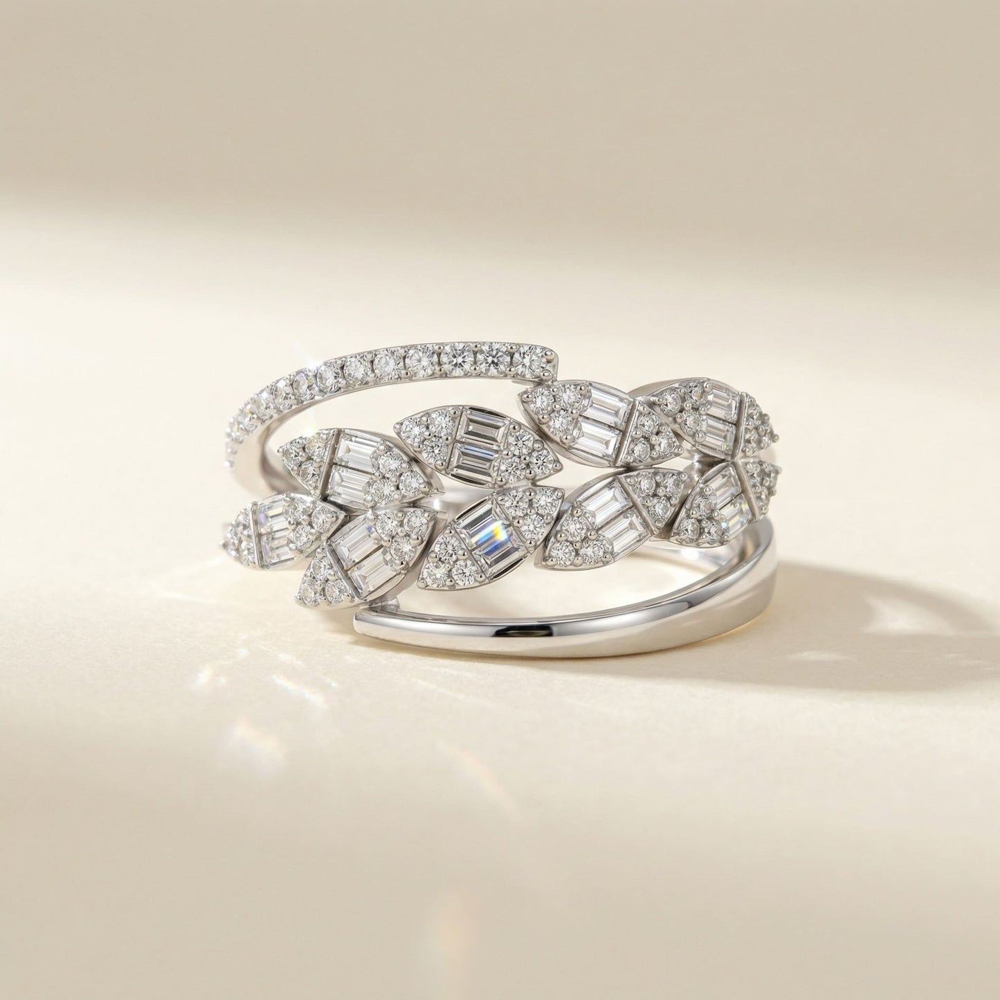 14K White Gold Baguette & Round-Cut Natural Diamonds Leaf Statement Ring