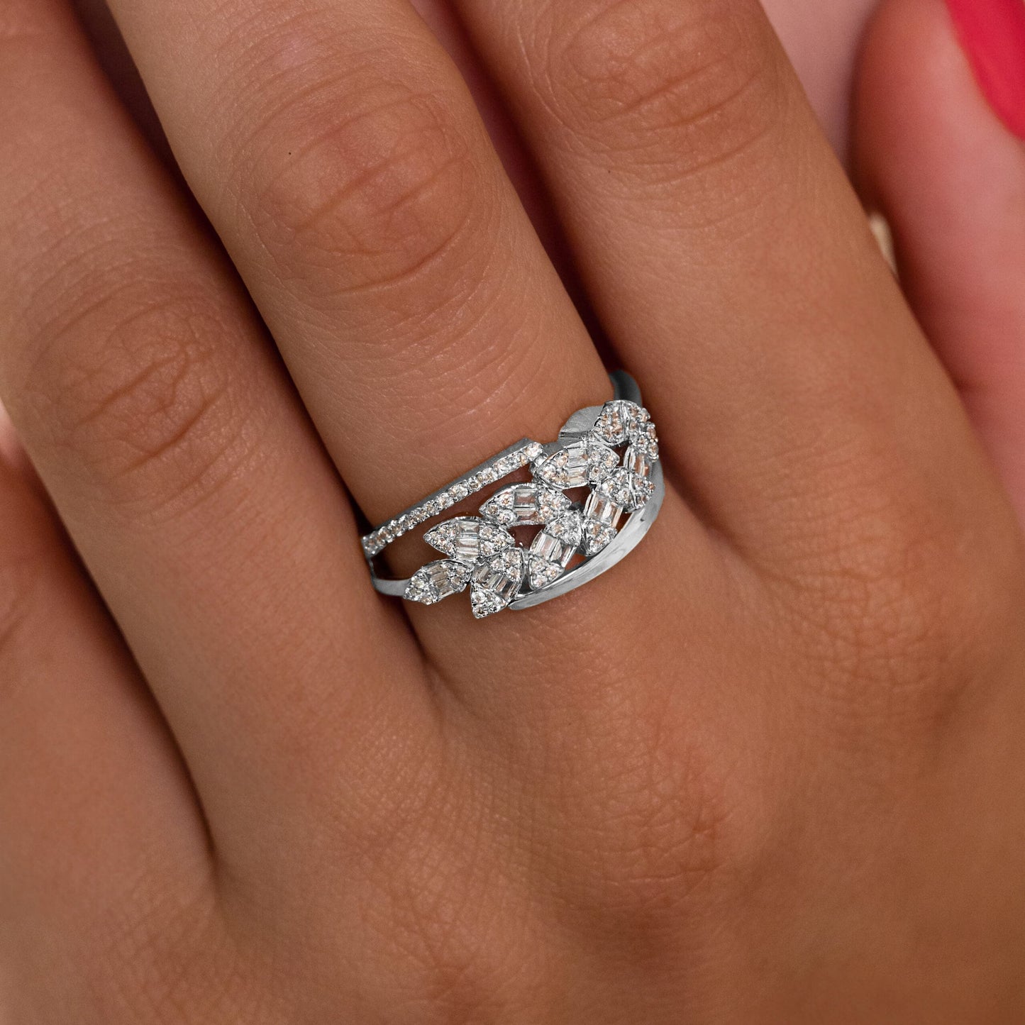 14K White Gold Baguette & Round-Cut Natural Diamonds Leaf Statement Ring