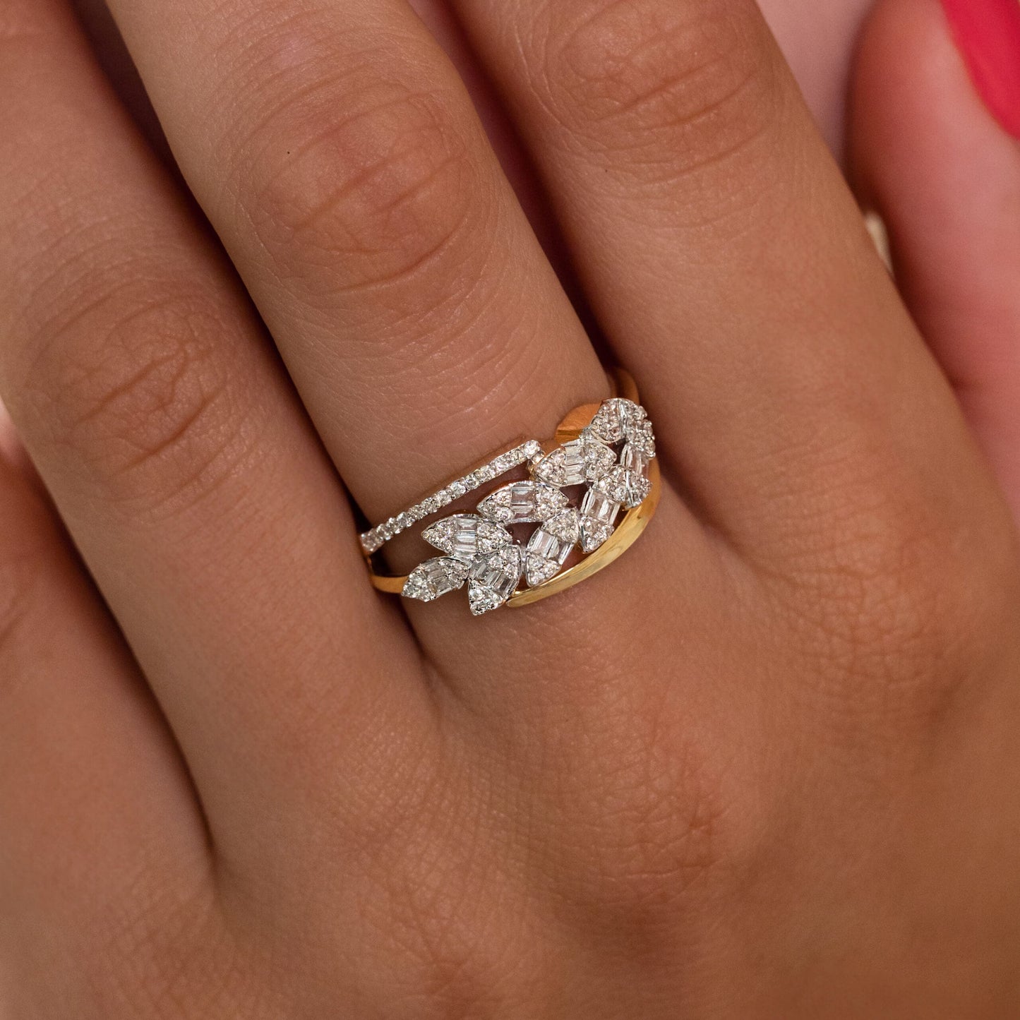 14K Yellow Gold Baguette & Round-Cut Natural Diamonds Leaf Statement Ring