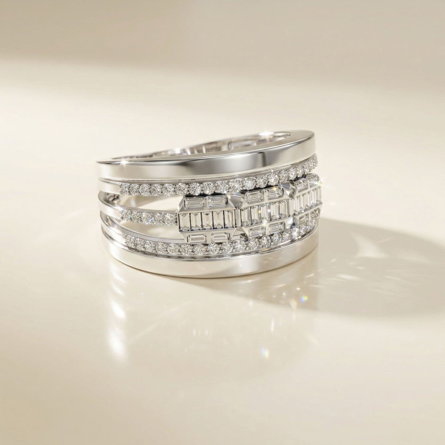 14K White Gold Natural Diamonds Baguette and Round-Cut Statement Ring